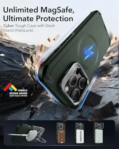 ESR for iPhone 16 Pro Case with Stand, 23 ft Military-Grade Drop Protection, Heavy Duty Magnetic Phone Case, Compatible with MagSafe Accessories, Cyber Series, Army Green - 3