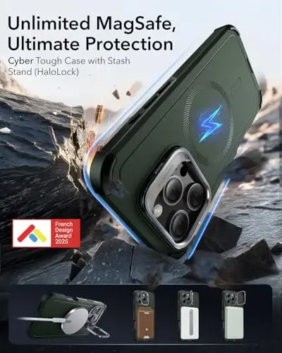 ESR for iPhone 16 Pro Case with Stand, 23 ft Military-Grade Drop Protection, Heavy Duty Magnetic Phone Case, Compatible with MagSafe Accessories, Cyber Series, Army Green - ESR