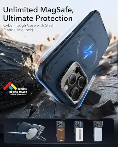 ESR for iPhone 16 Pro Case with Stand, 23 ft Military-Grade Drop Protection, Heavy Duty Magnetic Phone Case, Compatible with MagSafe Accessories, Cyber Series, Navy Blue - 3