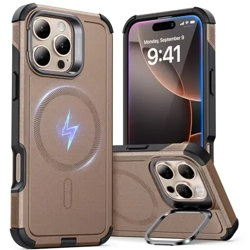 ESR for iPhone 16 Pro Case with Stand, 23FT Military-Grade Drop Protection, Heavy Duty Magnetic Phone Case, Compatible with MagSafe Accessories, Cyber Series, Gold - 2