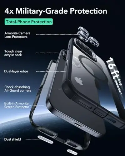 ESR for iPhone 16 Pro Case with Stand, Camera Control Button Compatible with MagSafe, Full-Body Military-Grade Drop Proof Case with Built-in 9H+ Tempered Glass Screen Protector, Clear Black - 5