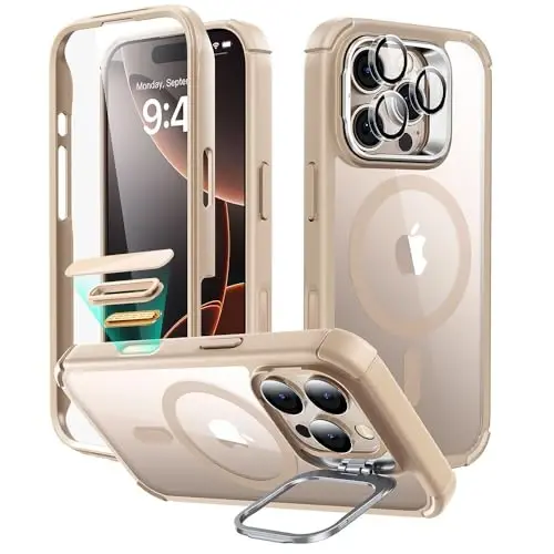 ESR for iPhone 16 Pro Case with Stand, Camera Control Button Compatible with MagSafe, Full-Body Military-Grade Drop Proof Case with Built-in 9H+ Tempered Glass Screen Protector, Clear Gold - ESR