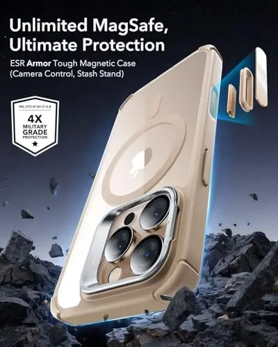 ESR for iPhone 16 Pro Case with Stand, Camera Control Button Compatible with MagSafe, Full-Body Military-Grade Drop Proof Case with Built-in 9H+ Tempered Glass Screen Protector, Clear Gold - 2