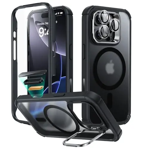 ESR for iPhone 16 Pro Case with Stand, Camera Control Button Compatible with MagSafe, Full-Body Military-Grade Drop Proof Case with Built-in 9H+ Tempered Glass Screen Protector, Frosted Black 
