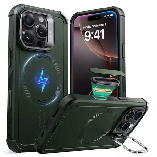 ESR for iPhone 16 Pro Case with Stash Stand, Camera Control, 23FT Military-Grade Shock-Absorbing Drop Protection, Compatible with MagSafe Accessories, Magnetic Cyber Series, Green - 1