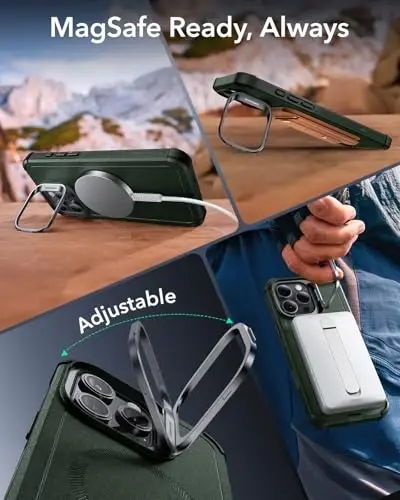 ESR for iPhone 16 Pro Case with Stash Stand, Camera Control, 23FT Military-Grade Shock-Absorbing Drop Protection, Compatible with MagSafe Accessories, Magnetic Cyber Series, Green - 6