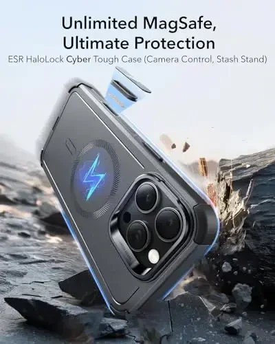 ESR for iPhone 16 Pro Case with Stash Stand, Camera Control, 23FT Military-Grade Shock-Absorbing Drop Protection, Compatible with MagSafe Accessories, Magnetic Cyber Series, Grey - 2