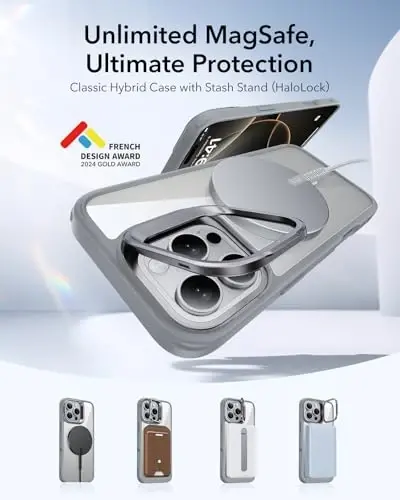 ESR for iPhone 16 Pro Max Case, Compatible with, Military-Grade Protective Case, Built-in Stash Stand Phone Case, Scratch-Resistant Back Cover, Classic Series, Clear Grey - 3