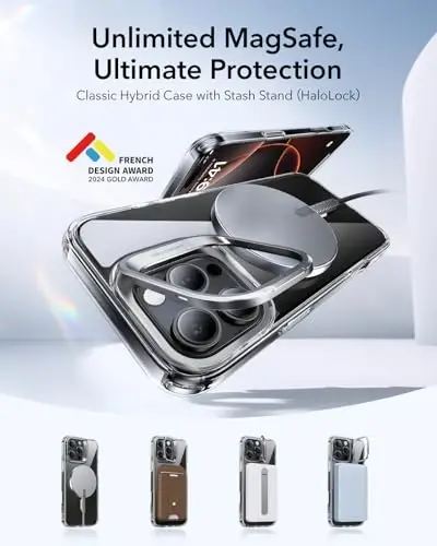 ESR for iPhone 16 Pro Max Case, MagSafe bilan mos, harbiy darajadagi himoya qopqog'i, o'rnatilgan Stash Stand telefon qutisi, tirnalishga chidamli orqa qopqoq, Classic Series, shaffof - 3