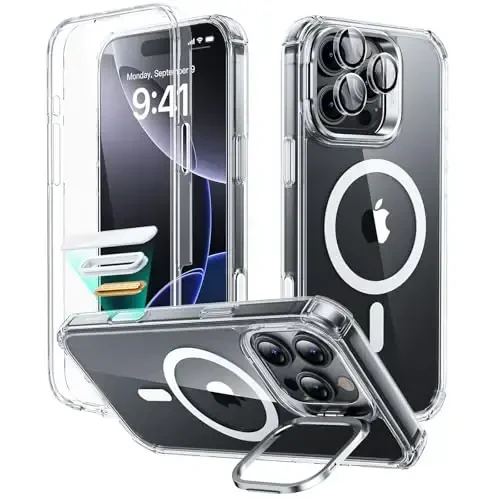 ESR for iPhone 16 Pro Max Case with Stand, Camera Control Button Compatible with MagSafe, Full-Body Military-Grade Drop Proof Case with Built-in 9H+ Tempered Glass Screen Protector, Clear - 12