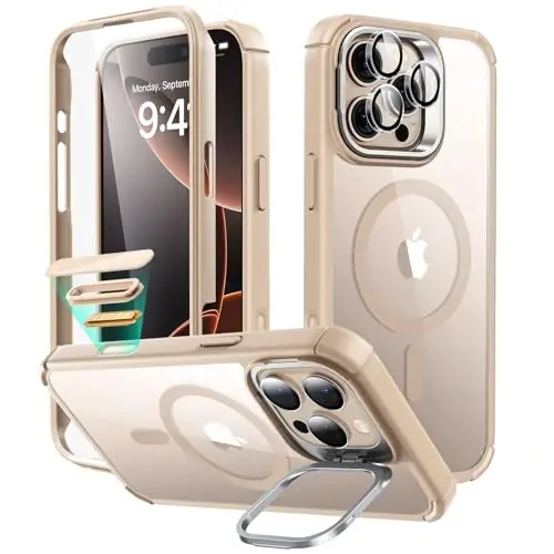 ESR for iPhone 16 Pro Max Case with Stand, Camera Control Button Compatible with MagSafe, Full-Body Military-Grade Drop Proof Case with Built-in 9H+ Tempered Glass Screen Protector, Clear Gold - ESR