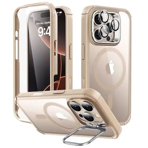 ESR for iPhone 16 Pro Max Case with Stand, Camera Control Button Compatible with MagSafe, Full-Body Military-Grade Drop Proof Case with Built-in 9H+ Tempered Glass Screen Protector, Clear Gold - 1