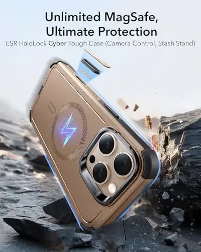 ESR for iPhone 16 Pro Max Case with Stash Stand, Camera Control, 23FT Military-Grade Shock-Absorbing Drop Protection, Compatible with MagSafe Accessories, Magnetic Cyber Series, Gold - 3