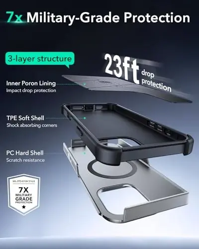 ESR for iPhone 16 Pro Max Case with Stash Stand, Camera Control, 23FT Military-Grade Shock-Absorbing Drop Protection, Compatible with MagSafe Accessories, Magnetic Cyber Series, Titanium - 6