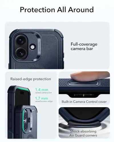 ESR for iPhone 17 Case, 7X harbiy darajadagi tushishdan himoya, kamera boshqaruv tugmachasi bilan zarbani yutuvchi mustahkam qopqoq, MagSafe aksessuarlari bilan mos keluvchi, Cyber Series, to'q ko'k - 4