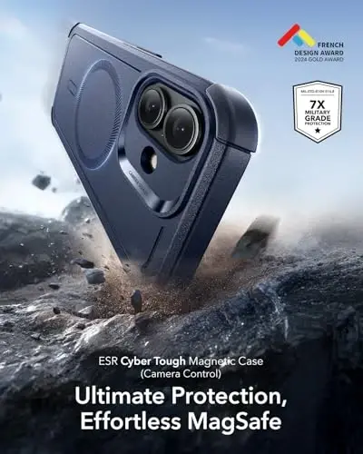 ESR for iPhone 17 Case, 7X Military-Grade Drop Protection, Shock-Absorbing Rugged Cover with Camera Control Button, MagSafe Accessories Compatible, Cyber Series, Navy Blue - 2