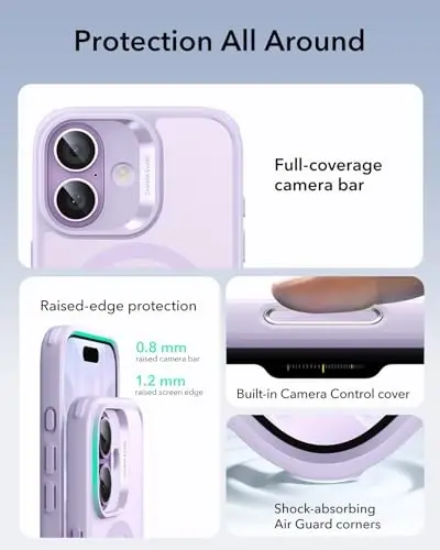 ESR for iPhone 17 Case, Camera Control Cover, Compatible with MagSafe, Shockproof Military-Grade Protection, Magnetic Phone Case for iPhone 17, Classic Hybrid Case, Frosted Light Purple - 3