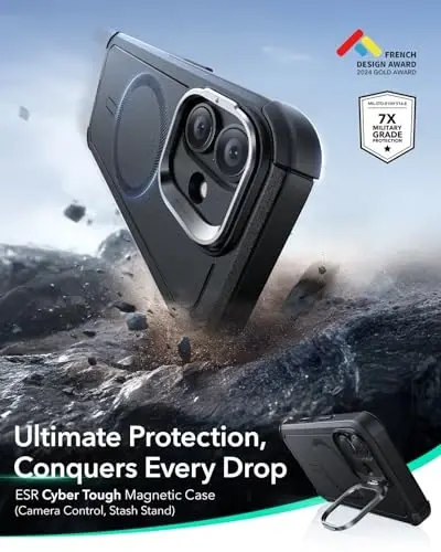 ESR for iPhone 17 Case with Stash Stand, 7X Military-Grade Drop Protection with Camera Control, Shock-Absorbing Phone Rugged Cover, Compatible with MagSafe Accessories, Cyber Series, Black - 3