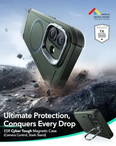 ESR for iPhone 17 Case with Stash Stand, 7X Military-Grade Drop Protection with Camera Control, Shock-Absorbing Phone Rugged Cover, Compatible with MagSafe Accessories, Cyber Series, Green - 3