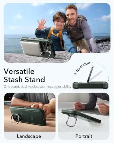 ESR for iPhone 17 Case with Stash Stand, 7X Military-Grade Drop Protection with Camera Control, Shock-Absorbing Phone Rugged Cover, Compatible with MagSafe Accessories, Cyber Series, Green - 6