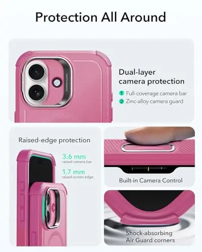 ESR for iPhone 17 Case with Stash Stand, 7X Military-Grade Drop Protection with Camera Control, Shock-Absorbing Phone Rugged Cover, Compatible with MagSafe Accessories, Cyber Series, Pink - 4