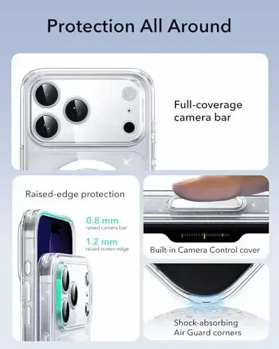 ESR for iPhone 17 Pro Case, Camera Control, Compatible with MagSafe, Shockproof Military-Grade Protection, Magnetic Phone Case for iPhone 17 Pro, Classic Hybrid Case, Clear Shimmer - 3