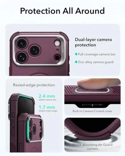 ESR for iPhone 17 Pro Case Flex Stand, for MagSafe, Rugged, Burgundy | Camera Control, 7X Military-Grade Drop Protection, Magnetic Phone Case, Shock-Absorbing Rugged Cover, Dustproof Port Cover - 5