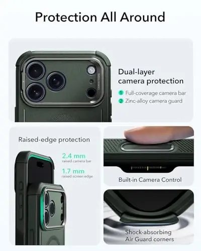 ESR for iPhone 17 Pro Case with Stash Stand, 7X Military-Grade Drop Protection with Camera Control, Shock-Absorbing Phone Rugged Cover, Compatible with MagSafe Accessories, Cyber Series, Green - 4