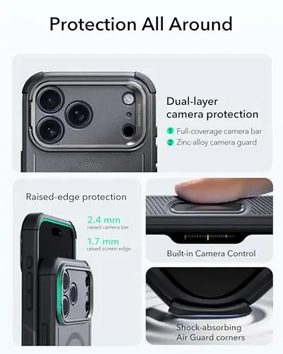 ESR for iPhone 17 Pro Case with Stash Stand, 7X Military-Grade Drop Protection with Camera Control, Shock-Absorbing Phone Rugged Cover, Compatible with MagSafe Accessories, Cyber Series, Grey - 4