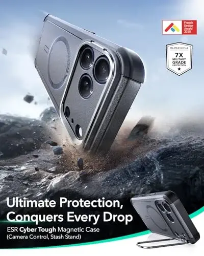 ESR for iPhone 17 Pro Case with Stash Stand, 7X Military-Grade Drop Protection with Camera Control, Shock-Absorbing Phone Rugged Cover, Compatible with MagSafe Accessories, Cyber Series, Grey - ESR