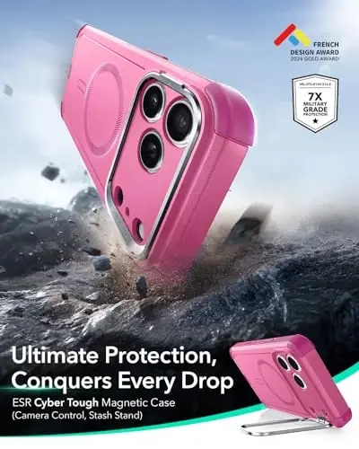 ESR for iPhone 17 Pro Case with Stash Stand, 7X Military-Grade Drop Protection with Camera Control, Shock-Absorbing Phone Rugged Cover, Compatible with MagSafe Accessories, Cyber Series, Pink - 3