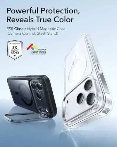 ESR for iPhone 17 Pro Case with Stash Stand, Camera Control Cover Compatible with MagSafe, Military-Grade Drop Protection Magnetic Phone Case, Scratch-Resistant Back Cover, Clear Black - 5