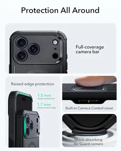 ESR for iPhone 17 Pro Max Case, 7X harbiy darajadagi tushishdan himoya, kamera boshqaruv tugmasi bilan zarbani yutuvchi mustahkam qopqoq, MagSafe aksessuarlari bilan mos, Cyber Series, qora - 4