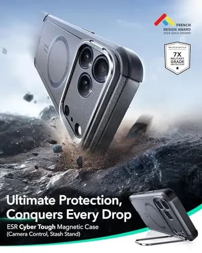 ESR for iPhone 17 Pro Max Case with Stash Stand, 7X Military-Grade Drop Protection with Camera Control, Shock-Absorbing Phone Rugged Cover, Compatible with MagSafe Accessories, Cyber Series, Grey - 3