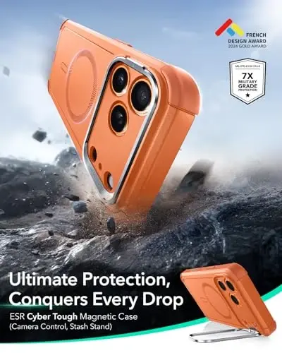 ESR for iPhone 17 Pro Max Case with Stash Stand, 7X Military-Grade Drop Protection with Camera Control, Shock-Absorbing Phone Rugged Cover, Compatible with MagSafe Accessories, Cyber Series, Orange - 10