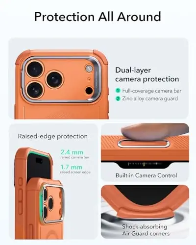 ESR for iPhone 17 Pro Max Case with Stash Stand, 7X Military-Grade Drop Protection with Camera Control, Shock-Absorbing Phone Rugged Cover, Compatible with MagSafe Accessories, Cyber Series, Orange - 9