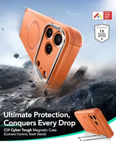 ESR for iPhone 17 Pro Max Case with Stash Stand, 7X Military-Grade Drop Protection with Camera Control, Shock-Absorbing Phone Rugged Cover, Compatible with MagSafe Accessories, Cyber Series, Orange 