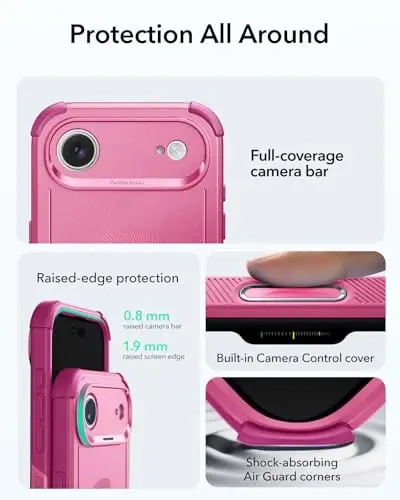 ESR for iPhone Air Case, 7X harbiy darajadagi tushishdan himoya, zarbani yutuvchi mustahkam iPhone 17 Air g'ilofi kamera boshqaruv tugmasi bilan, MagSafe aksessuarlari bilan mos, Cyber Series, Rosy Pink - 4
