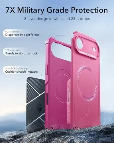 ESR for iPhone Air Case, 7X harbiy darajadagi tushishdan himoya, zarbani yutuvchi mustahkam iPhone 17 Air g'ilofi kamera boshqaruv tugmasi bilan, MagSafe aksessuarlari bilan mos, Cyber Series, Rosy Pink - 5