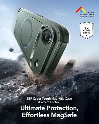 ESR for iPhone Air Case, 7X harbiy darajadagi tushishdan himoya, zarbani yutuvchi mustahkam iPhone 17 Air qopqog'i kamera boshqaruv tugmasi bilan, MagSafe aksessuarlari bilan mos, Cyber Series, zaytun yashili - 3