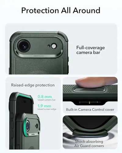 ESR for iPhone Air Case, 7X harbiy darajadagi tushishdan himoya, zarbani yutuvchi mustahkam iPhone 17 Air qopqog'i kamera boshqaruv tugmasi bilan, MagSafe aksessuarlari bilan mos, Cyber Series, zaytun yashili - 4
