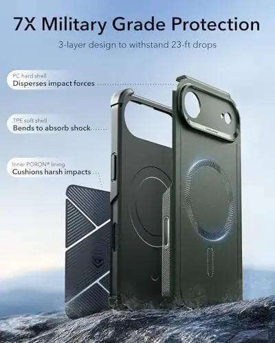 ESR for iPhone Air Case, 7X harbiy darajadagi tushishdan himoya, zarbani yutuvchi mustahkam iPhone 17 Air qopqog'i kamera boshqaruv tugmasi bilan, MagSafe aksessuarlari bilan mos, Cyber Series, zaytun yashili - 5