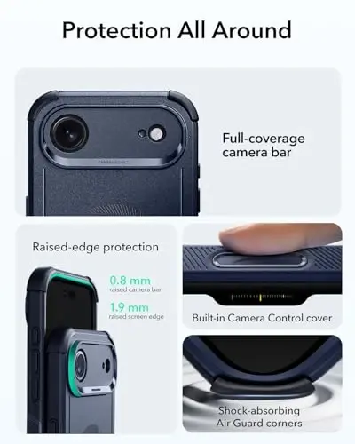 ESR for iPhone Air Case, 7X harbiy darajadagi tushishdan himoya, zarbani yutuvchi mustahkam iPhone 17 Air qopqog'i, kamera boshqaruv tugmasi, MagSafe aksessuarlari bilan mos, Cyber Series, to'q ko'k - 4