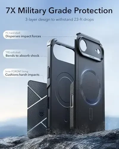 ESR for iPhone Air Case, 7X Harbiy darajadagi tushishdan himoya, zarbani yutuvchi Rugged iPhone 17 Air qopqog'i, kamera boshqaruv tugmasi, MagSafe aksessuarlari bilan mos, Cyber Series, Qora - 5
