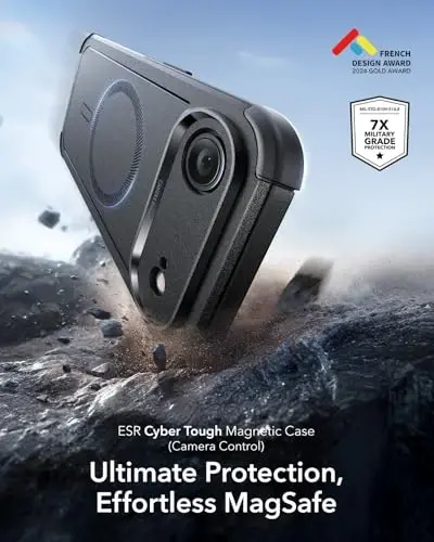 ESR for iPhone Air Case, 7X Harbiy darajadagi tushishdan himoya, zarbani yutuvchi Rugged iPhone 17 Air qopqog'i, kamera boshqaruv tugmasi, MagSafe aksessuarlari bilan mos, Cyber Series, Qora - 3