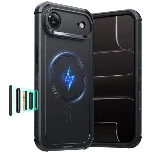 ESR for iPhone Air Case, 7X Harbiy darajadagi tushishdan himoya, zarbani yutuvchi Rugged iPhone 17 Air qopqog'i, kamera boshqaruv tugmasi, MagSafe aksessuarlari bilan mos, Cyber Series, Qora - ESR