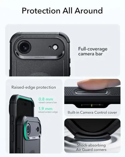 ESR for iPhone Air Case, 7X Harbiy darajadagi tushishdan himoya, zarbani yutuvchi Rugged iPhone 17 Air qopqog'i, kamera boshqaruv tugmasi, MagSafe aksessuarlari bilan mos, Cyber Series, Qora - 4
