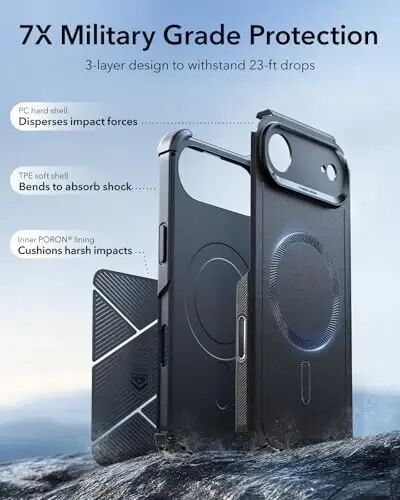 ESR for iPhone Air Case, 7X Harbiy darajadagi tushishdan himoya, zarbani yutuvchi Rugged iPhone 17 Air qopqog'i, kamera boshqaruv tugmasi, MagSafe aksessuarlari bilan mos, Cyber Series, Qora - 4