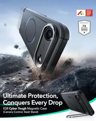 ESR for iPhone Air Case with Stash Stand, 7X Military-Grade Drop Protection, Camera Control, Shock-Absorbing iPhone 17 Air Phone Rugged case, Compatible with MagSafe Accessories, Cyber Series, Black - ESR