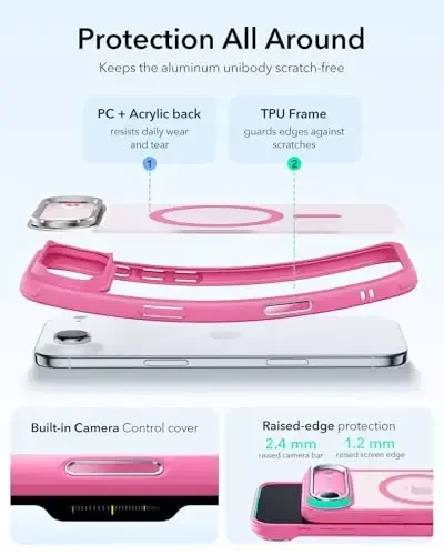 ESR for iPhone Air Case with Stash Stand, Camera Control Cover Compatible with MagSafe, Military-Grade Drop Protection Magnetic Phone Case for iPhone 17 Air, Scratch-Resistant Back Cover,Frosted Pink - 1